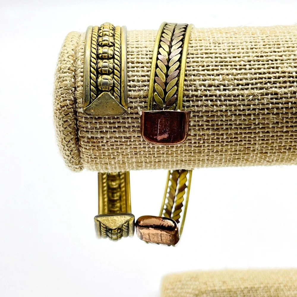 Vintage Gold Tone Cuff Bracelet Lot of 2 Etched Open Bangle Boho Statement